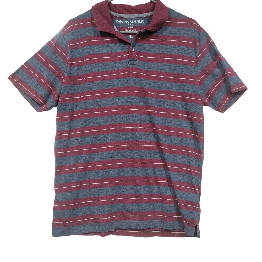 Banana Republic Mens Large Grey Scarlet Striped Polo Shirt Y2K Retro Preppy 90s